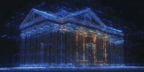 Blue neon glowing outline of a bank building on a dark abstract background, concept of finance and technology