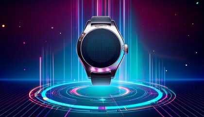 A futuristic smartwatch hovering in mid-air. Sci-fi background with holographic elements. 