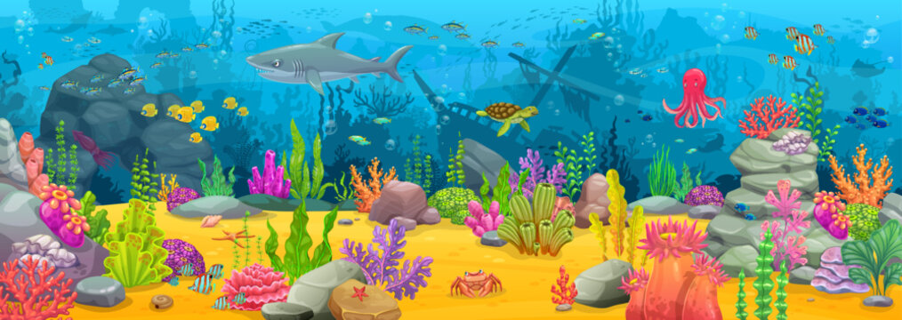 Game map, cartoon underwater landscape with sunken ship, sea animals, corals and seaweeds. Vector undersea world background with tropical ocean bottom, shipwreck, fishes, marine aquatic game scene