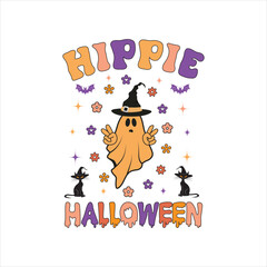 Hippie Halloween Spooky, Halloween shirt design vector, Halloween illustration, Retro Halloween, Quotes Halloween Typography T-shirt Design