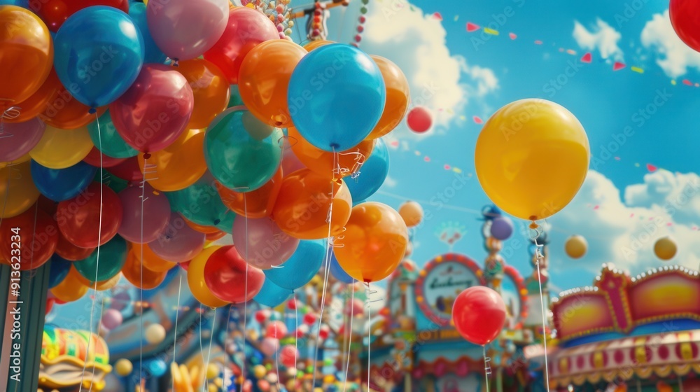 Poster colorful balloons create a festive atmosphere at a lively city fair filled with excitement and joy d