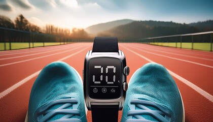Smartwatch resting on a running shoe. Fitness background with a track field. 
