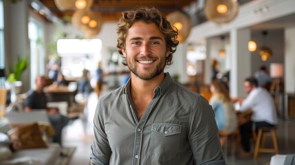 Fototapeta premium Young Man Smiling in Casual Clothing at Modern Cafe During Daytime Gathering