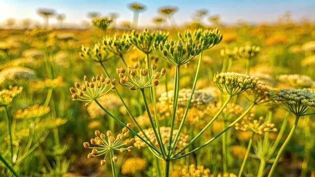 Unripened cumin crop plants in an Egyptian field, with a focus on the cumin flower, Cumin seeds, plant, dry, spice, Carum, Caraway