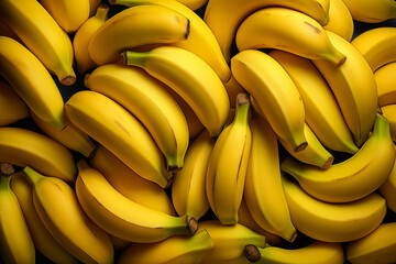 A pile of fresh bananas form the background, shown from above