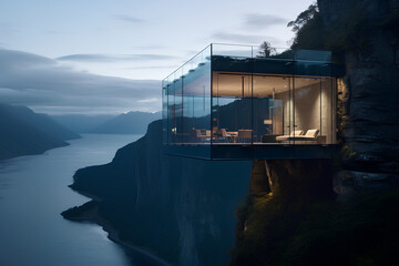a glass lodge on the edge of a steep cliff