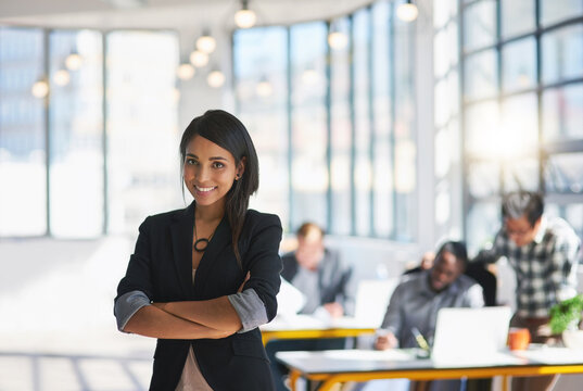 Arms crossed, portrait and smile with business woman in office for internship at creative company. Confident, design and employment with happy person in workplace for start of development career