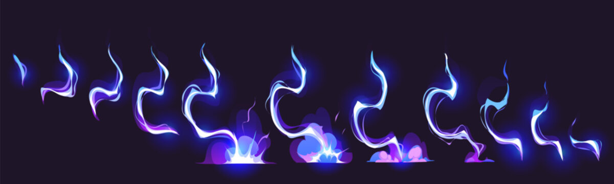 Thunder bolt blue strike, lightning game sprite fx effect animation. Cartoon vector animated sequence frame of electric strike, magic electricity hit and thunderbolt effect of blue glowing storm bolts