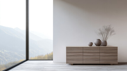 Modern sideboard next to a large window in a contemporary interior design composition with copyspace. Real Estate interiors mockup.