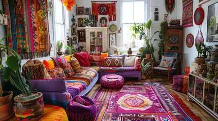 Fototapeta premium Cozy Bohemian Living Room with Vibrant Textiles and Lush Indoor Plants,eclectic mix of patterns, textures, and vibrant colors in a boho-chic interior 