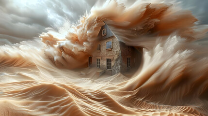 Sandstorm Engulfing House 3D Illustration