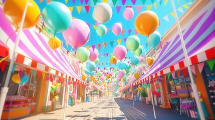Vibrant balloons drift above a lively fairground street adorned with colorful flags, creating a festive atmosphere under the bright sunlight. Generative AI