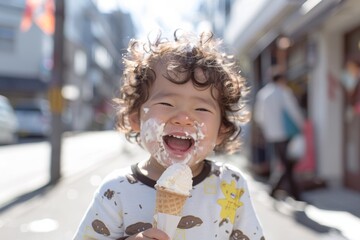 Happy asian boy curly hair beaming delight. Adorable curly-haired baby boy laughing happily. Warmth and tenderness embodied baby's smile.