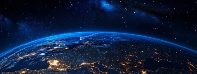 Obraz premium The earth seen from space at night with stars and the Milky Way in blue tones