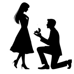 Silhouette of a couple proposing with ring on transparent background.