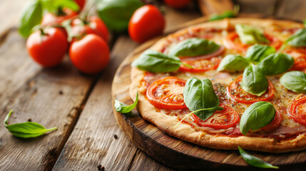 freshly made pizza on the wooden board 