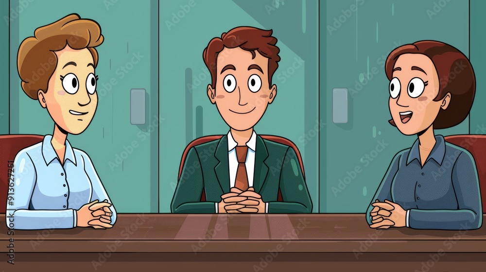 Poster cartoon vector team conducting a panel interview with a job applicant