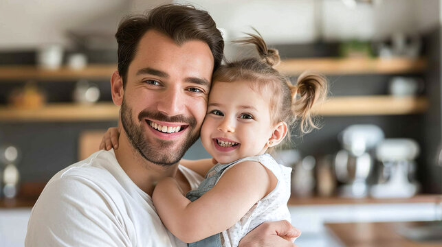 Father hugging daughter in kitchen at home
