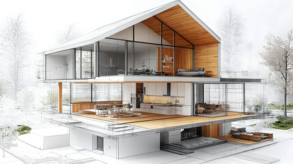 Architectural cutaway of a modern home with a wooden roof and large windows.