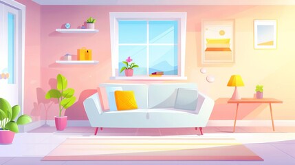 Solar roof tiles, cozy family room, flat design illustration