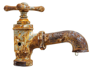 Rusty old water faucet with dripping water, cut out