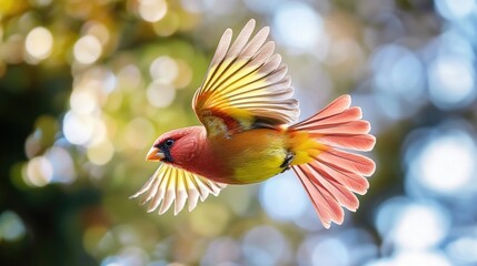 Red and yellow bird in flight