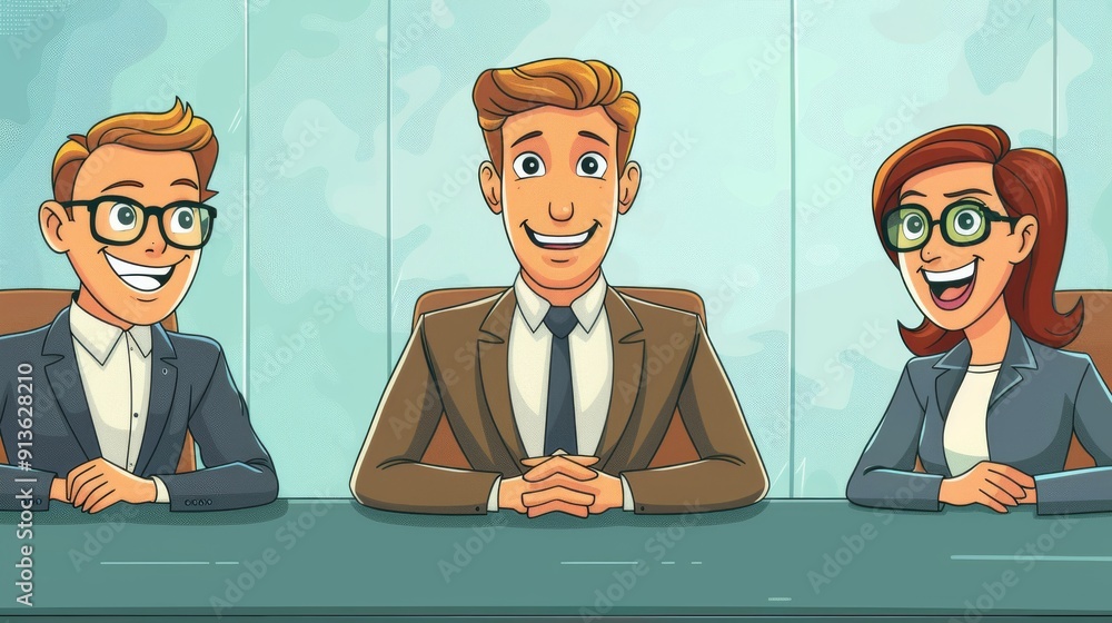 Poster cartoon vector team conducting a panel interview with a job applicant