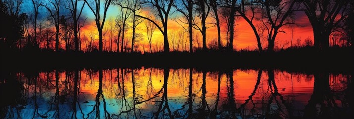 Silhouette of Trees Reflecting Sunset Sky Colors on Pond Water