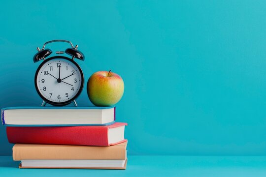 A stack of books and notebooks, an alarm clock and a ripe apple on a blue background. Back to school, teachers day concept, copy-space with generative ai