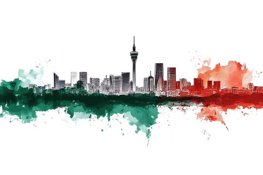 irak flag, background with space for your logo - industrial 3D illustration.Silhouette of a chemical plant, oil refining, gas, energy icons. heavy industry.