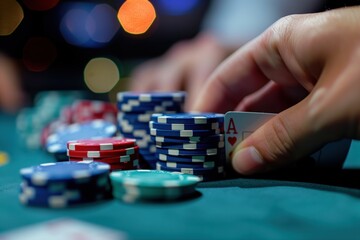 Fototapeta premium Zoom in on a poker player's hand, capturing the tension in their fingers as they decide whether to fold or go all-in.