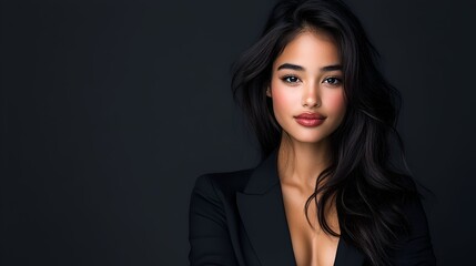 Fototapeta premium A confident young woman with long dark hair and striking features poses elegantly in a black blazer, exuding sophistication and poise.
