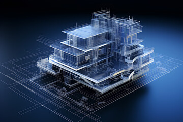 3d rendering of a building on top of a blueprint.