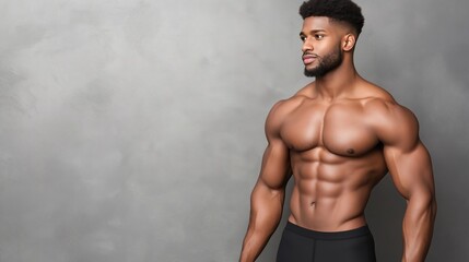 Fototapeta premium A man with a muscular body is standing in front of a grey wall. The man is wearing black shorts and a shirt. Concept of strength and confidence