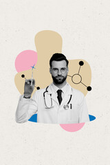 Vertical image collage young man hospital worker medical job occupation examination doctor injection needle drawing background