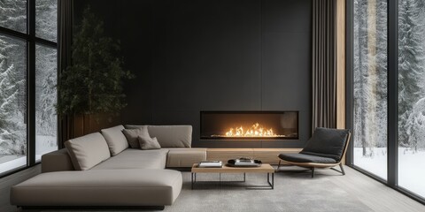 Mockup of a black wall in a contemporary style living room with a fireplace, a comfortable white sofa and a large window with a view of the outside in winter, 3D rendering