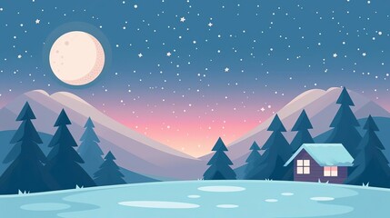 Fototapeta premium Cozy cabin at night, soft grain, modern clean background, flat design illustration