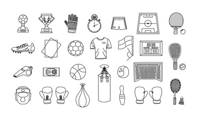 Set of black and white line icons representing different sport disciplines, from soccer to tennis, boxing, badminton, bowling