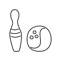 Black outline of a pin and a bowling ball drawn by hand. Sports icon on a bowling theme on a transparent background.