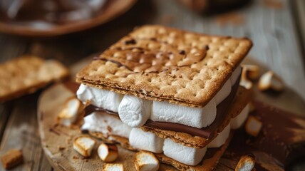 Closeup of graham cracker, marshmallow, and chocolate assembly, rustic feel