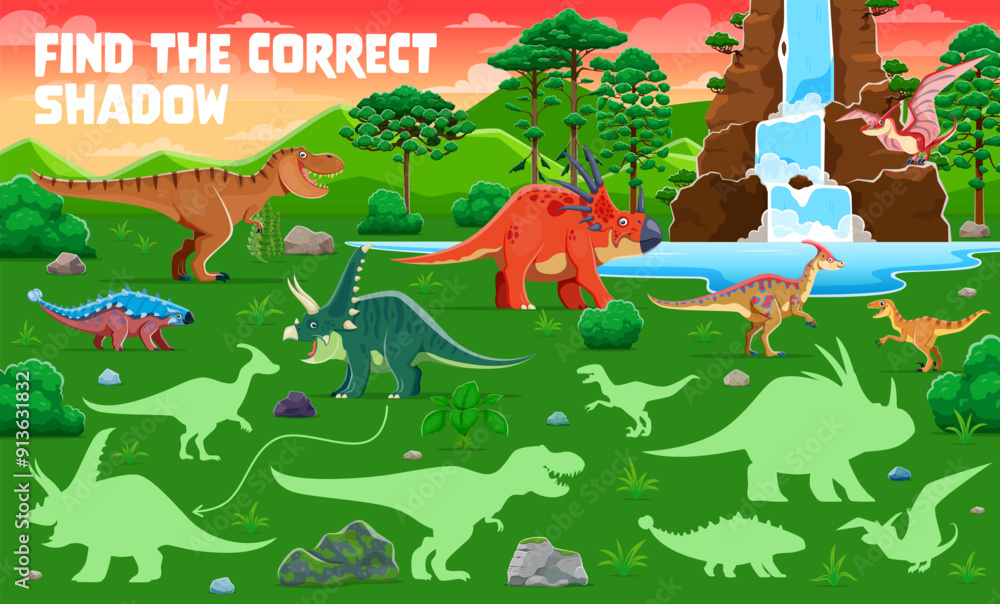 Aufkleber find correct shadow of prehistoric dinosaurs, cartoon quiz game for kids, vector worksheet. match an