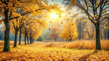 Fototapeta premium Autumn plain landscape with yellow leaves falling from trees and withered grass , fall, low sky, clouds, trees