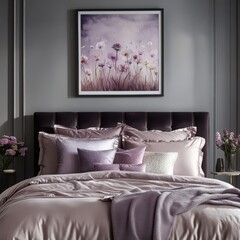 Wallart mock-up, Elegant Hotel bedroom featuring a luxurious bed adorned with purple soft pillows and floral artwork, creating a serene atmosphere. For website, and media decor, Commercial use