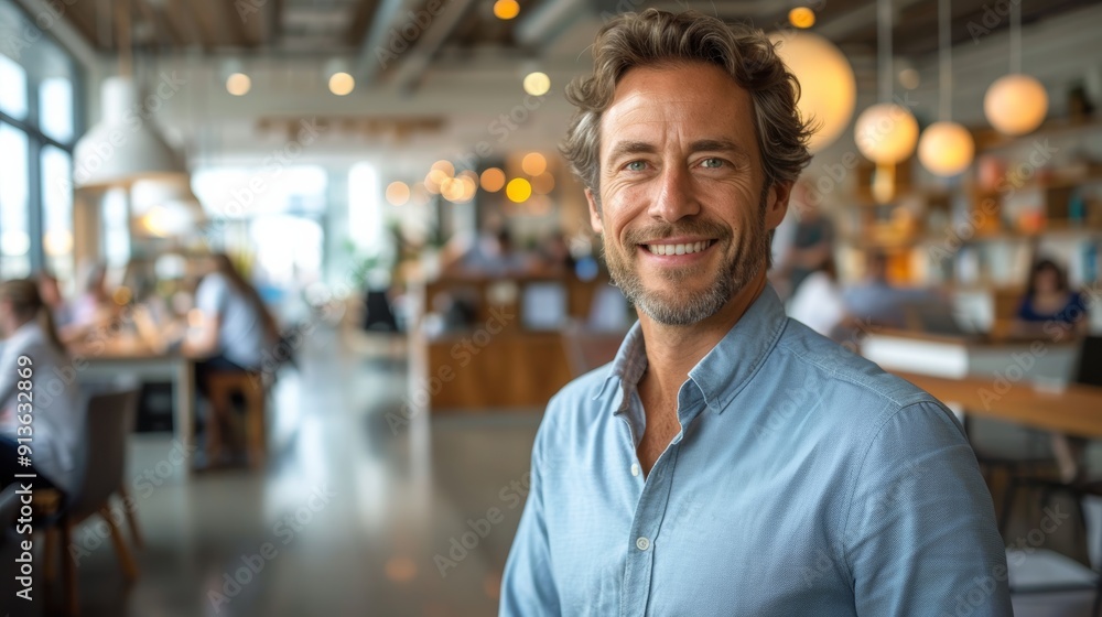 Poster friendly man smiling in modern cafe during daytime with customers in background