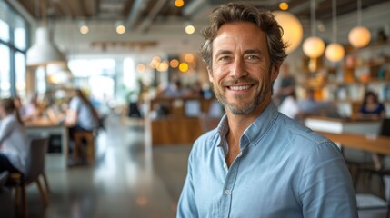 Fototapeta premium Friendly Man Smiling in Modern Cafe During Daytime With Customers in Background