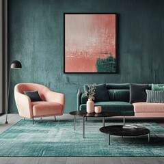 Wallart Frame Mockup, stylish modern living room featuring a teal wall, chic furniture, and contemporary artwork, perfect for interior design inspiration. For website, and media decor, Commercial use