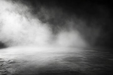 Abstract image of dark room concrete floor. Black room or stage background for product placement.Panoramic view of the abstract fog. White cloudiness, with generative ai