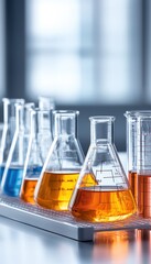 Colorful liquid samples in laboratory glassware, representing scientific research and innovation in chemistry and biochemistry.