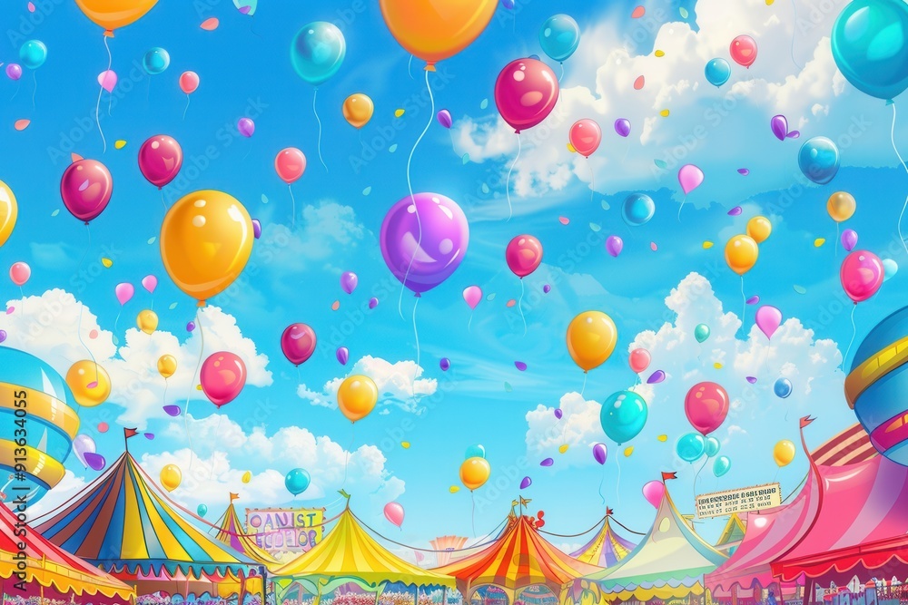 Poster a joyful city festival unfolds with colorful balloons drifting in the air above lively tents and var
