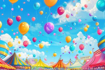 A joyful city festival unfolds with colorful balloons drifting in the air above lively tents and various attractions, creating a festive atmosphere. Generative AI
